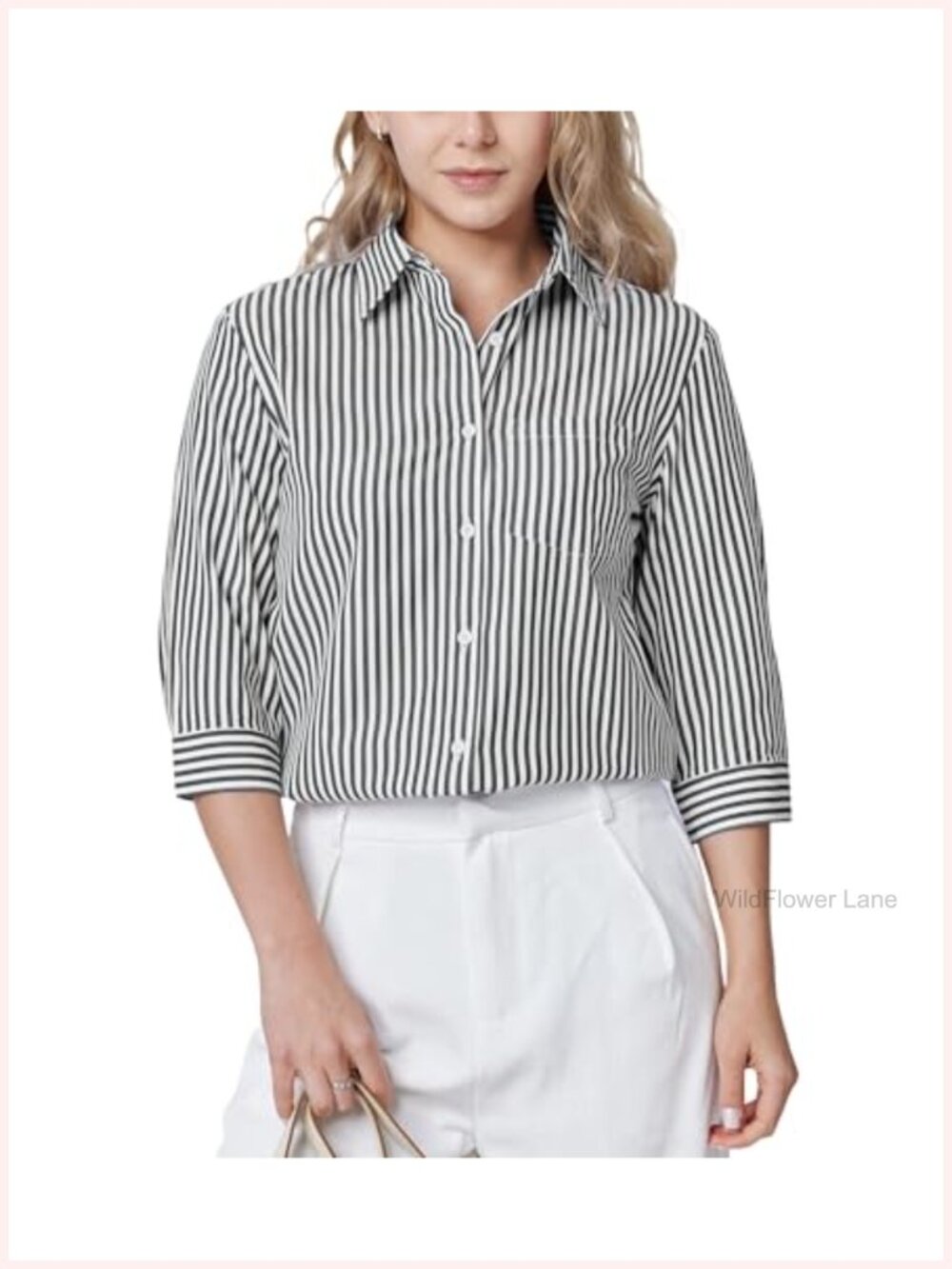 Striped Button Down Shirt Women 3/4 Sleeve Collared Blouse with Pocket